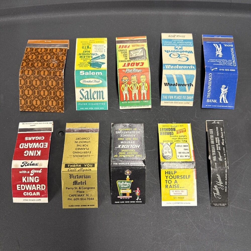 Set of 10 Vintage Matchbooks - Hotels Cigs Pep Boys Woolworth Career Dining